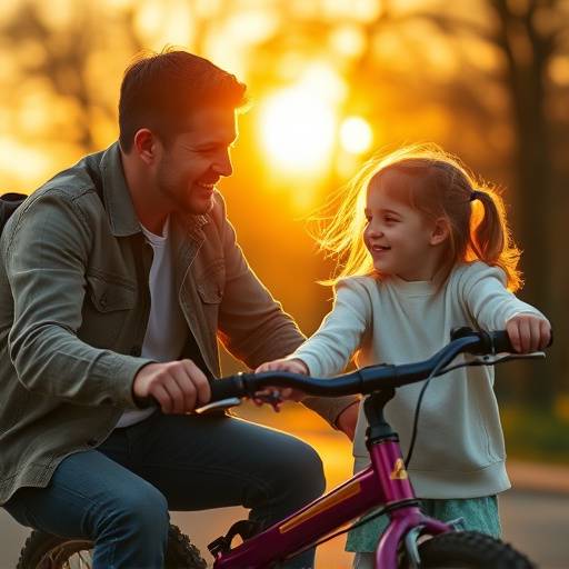 A heartwarming moment from a family-oriented commercial, showing a father teaching his daughter to ride a bike