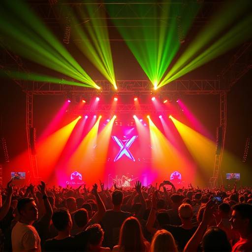A musical event video with vibrant stage lighting and enthusiastic crowd reactions, capturing the energy of the performance