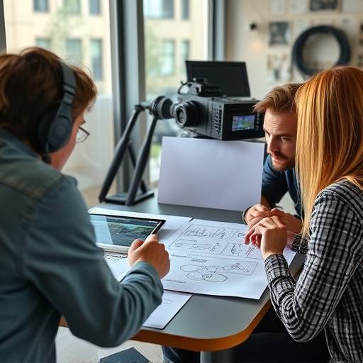 A team of video professionals collaborating on a storyboard in a pre-production meeting, discussing camera angles and scene composition.