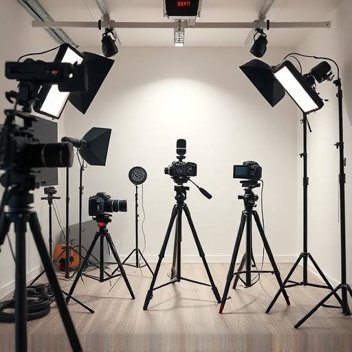 A variety of video production equipment, including cameras, lights, microphones, and stabilizers, neatly arranged in a studio equipment room.
