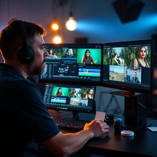 A video editor working on a computer, using professional video editing software to assemble footage and add special effects.