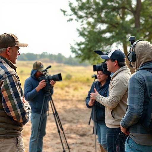 A video production crew filming a scene on location, with a director giving instructions to the actors and camera operators adjusting equipment.