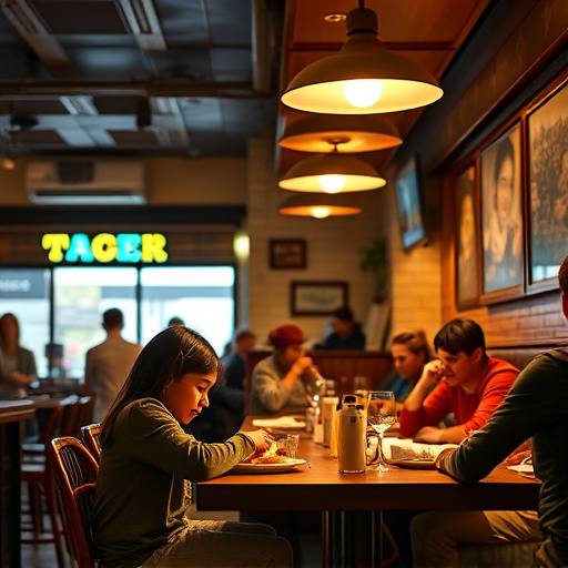 Scene from a commercial video featuring a family enjoying a meal at a restaurant, bathed in warm, inviting light