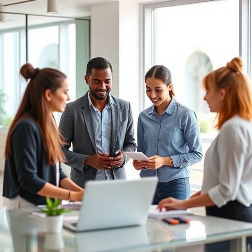 Still from a corporate promotional video showcasing a diverse team collaborating in an office environment
